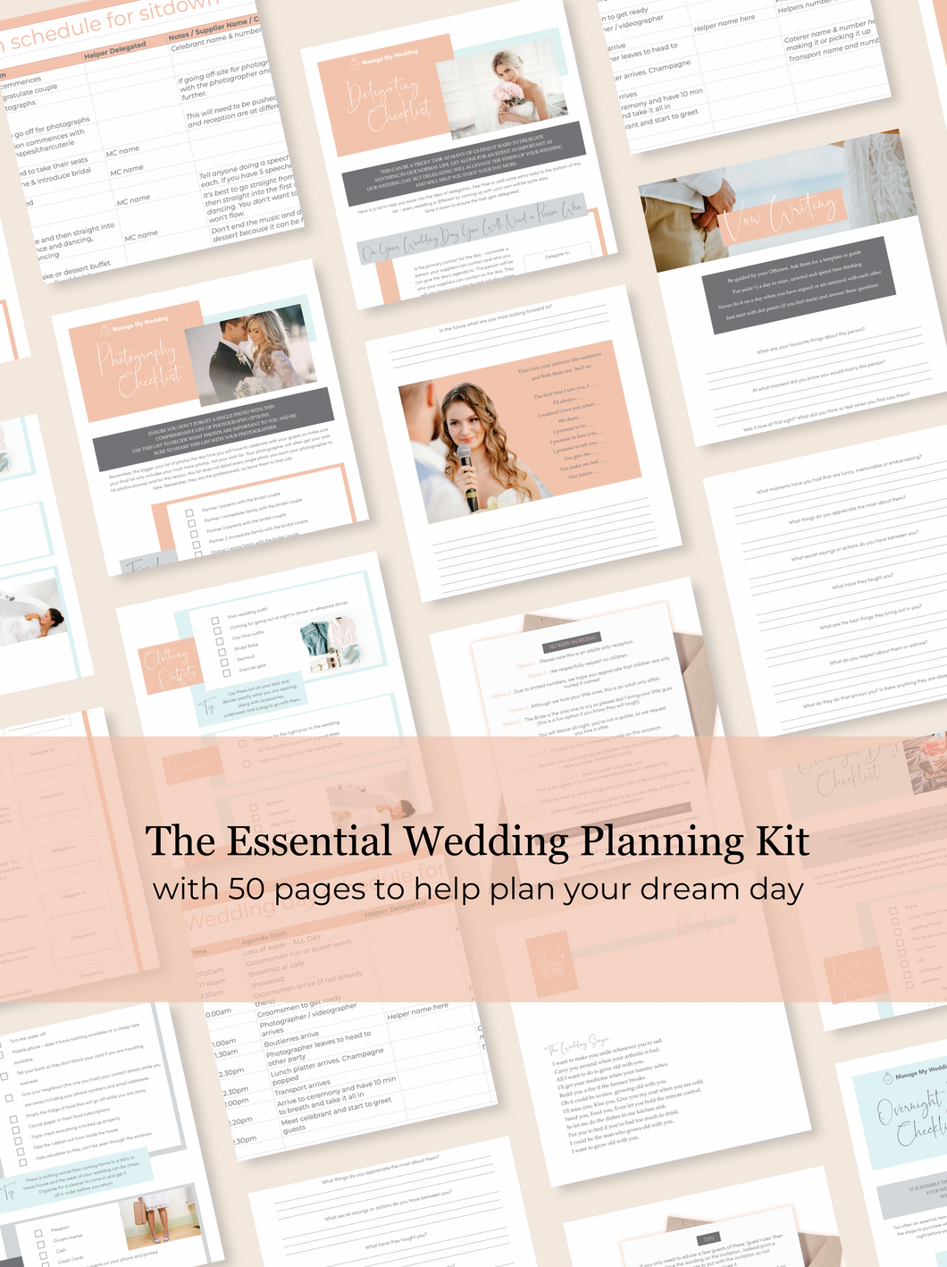 Over 50 pages to help you plan your dream day. Expert templates and checklists for seamless organisation, elegant invite wording, heartfelt vows, captivating readings, and more.